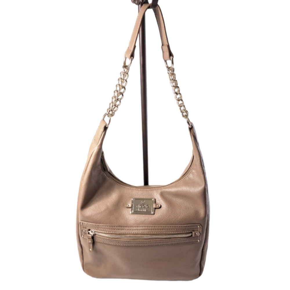Nicole Miller Women's Beige Shoulder Bag‎ With Silver Chains On The Strap